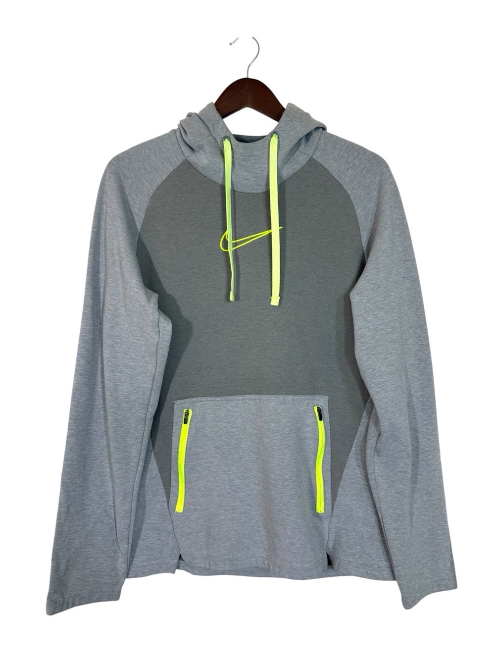 Nike Therma-Fit Men’s Gray Pullover Hoodie Neon Zip Pockets Sweatshirt Size M